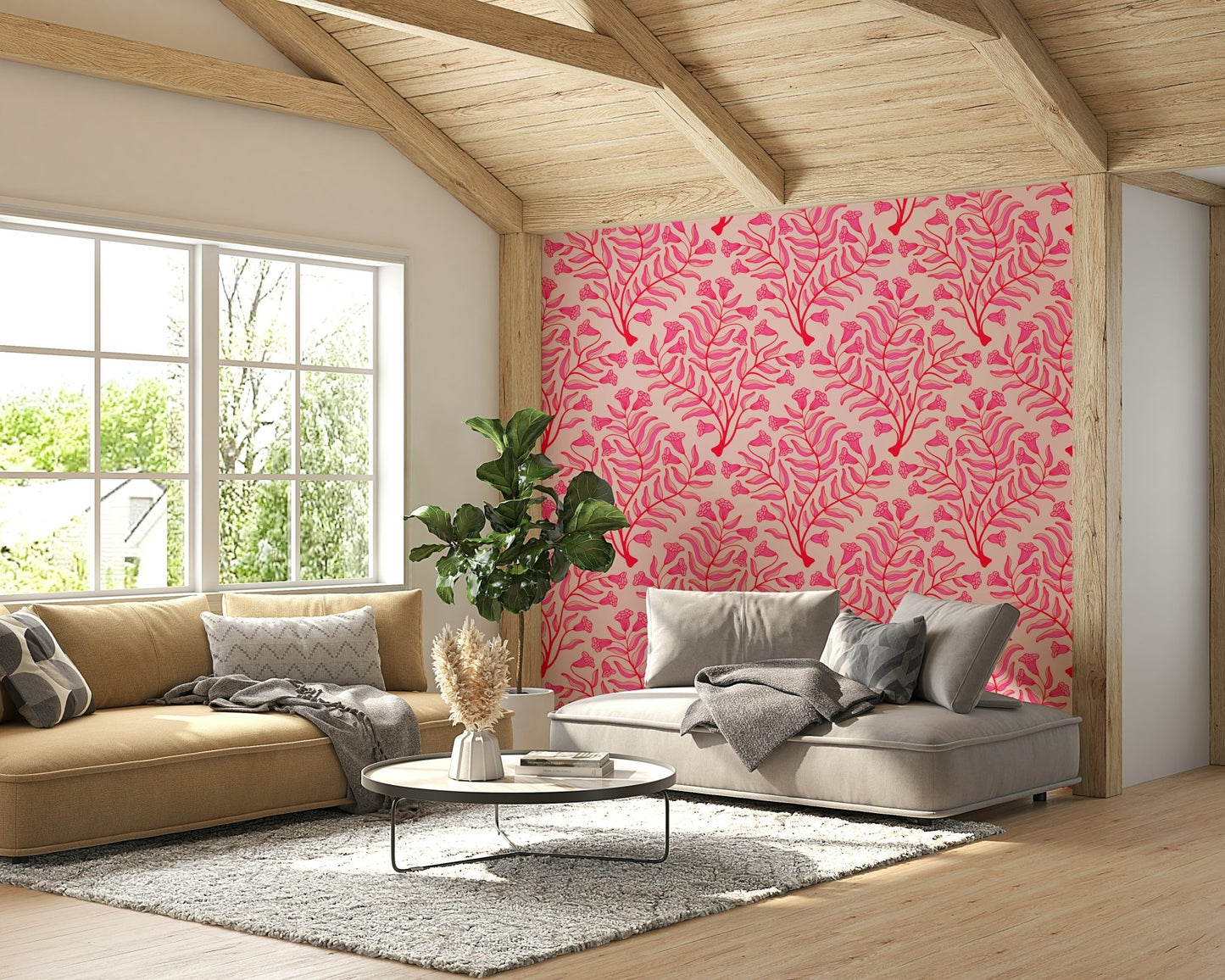 Light pink and red floral wallpaper with vintage charm

