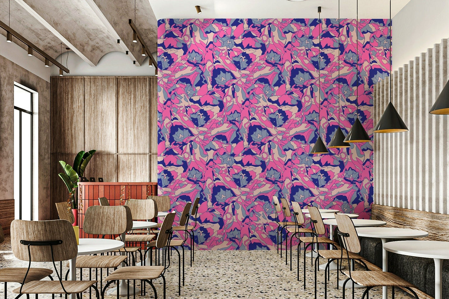 A wall mural of a peaceful floral pattern.

