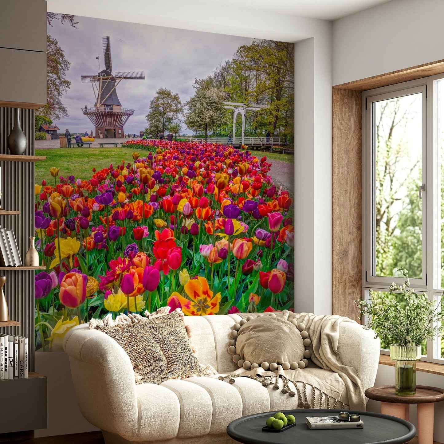 Scenic Tulip Windmill Garden wallpaper bright yellow purple blooms