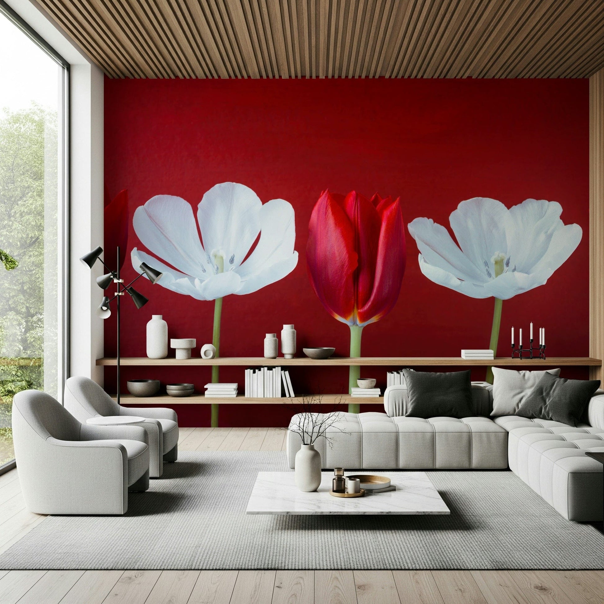 Alternating white blossoms feature on Tulips in a row peel and stick wallpaper.