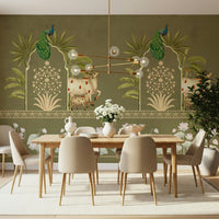 Green traditional wall mural behind sofa in modern apartment