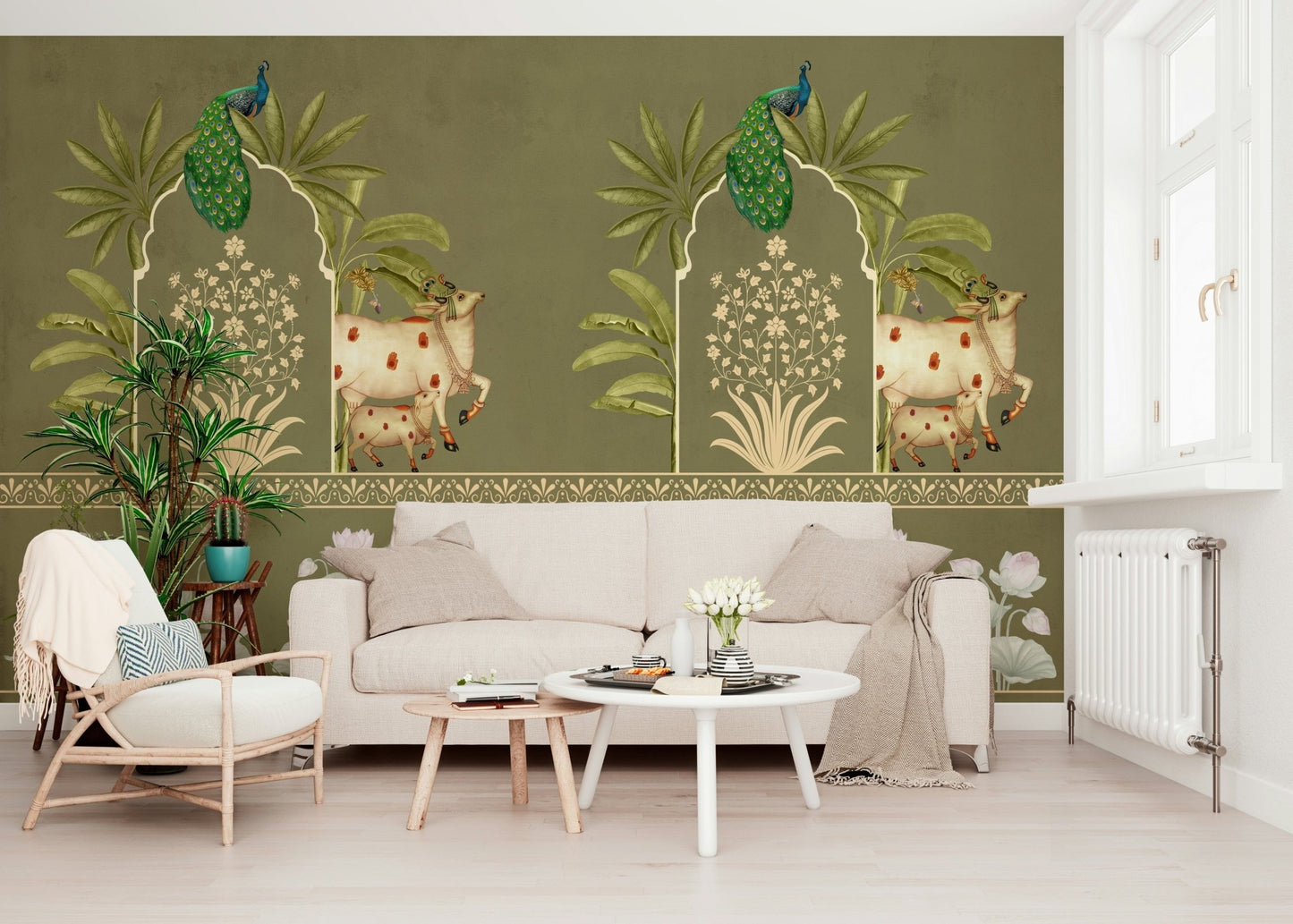 Detailed Kamdhenu wall mural in green color palette