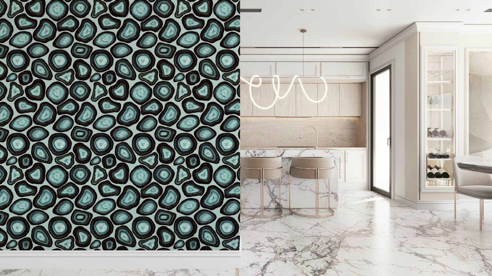 A turquoise agate wallpaper featuring repeating stone-like patterns with layered mineral textures.