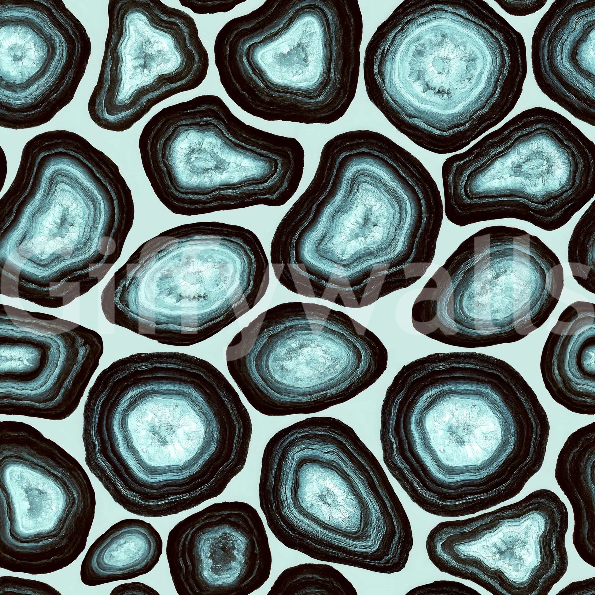 A bold mineral wallpaper with repeating turquoise geode clusters outlined in dark rings.
