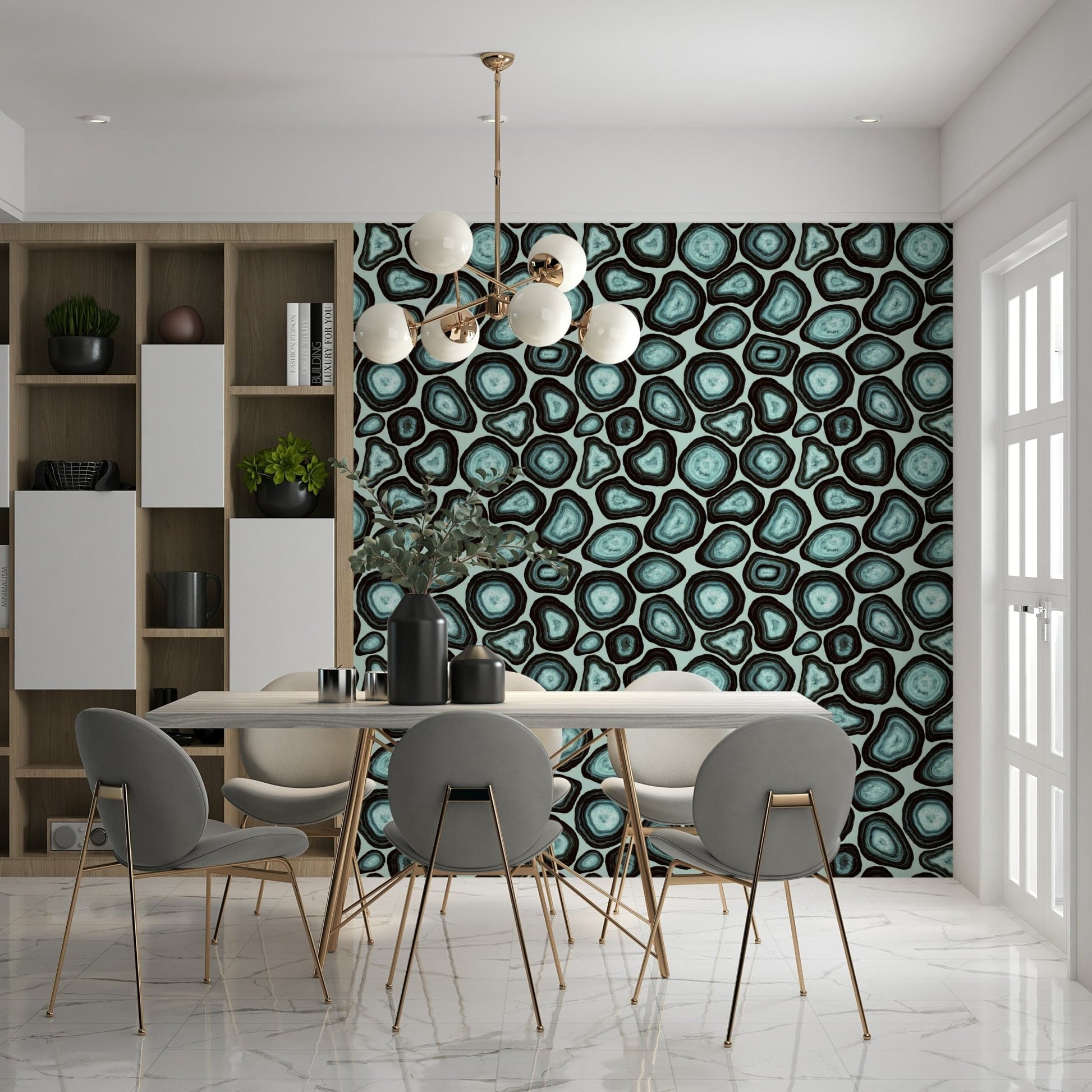 Turquoise mineral clusters arranged in a seamless agate-inspired wallpaper design.
