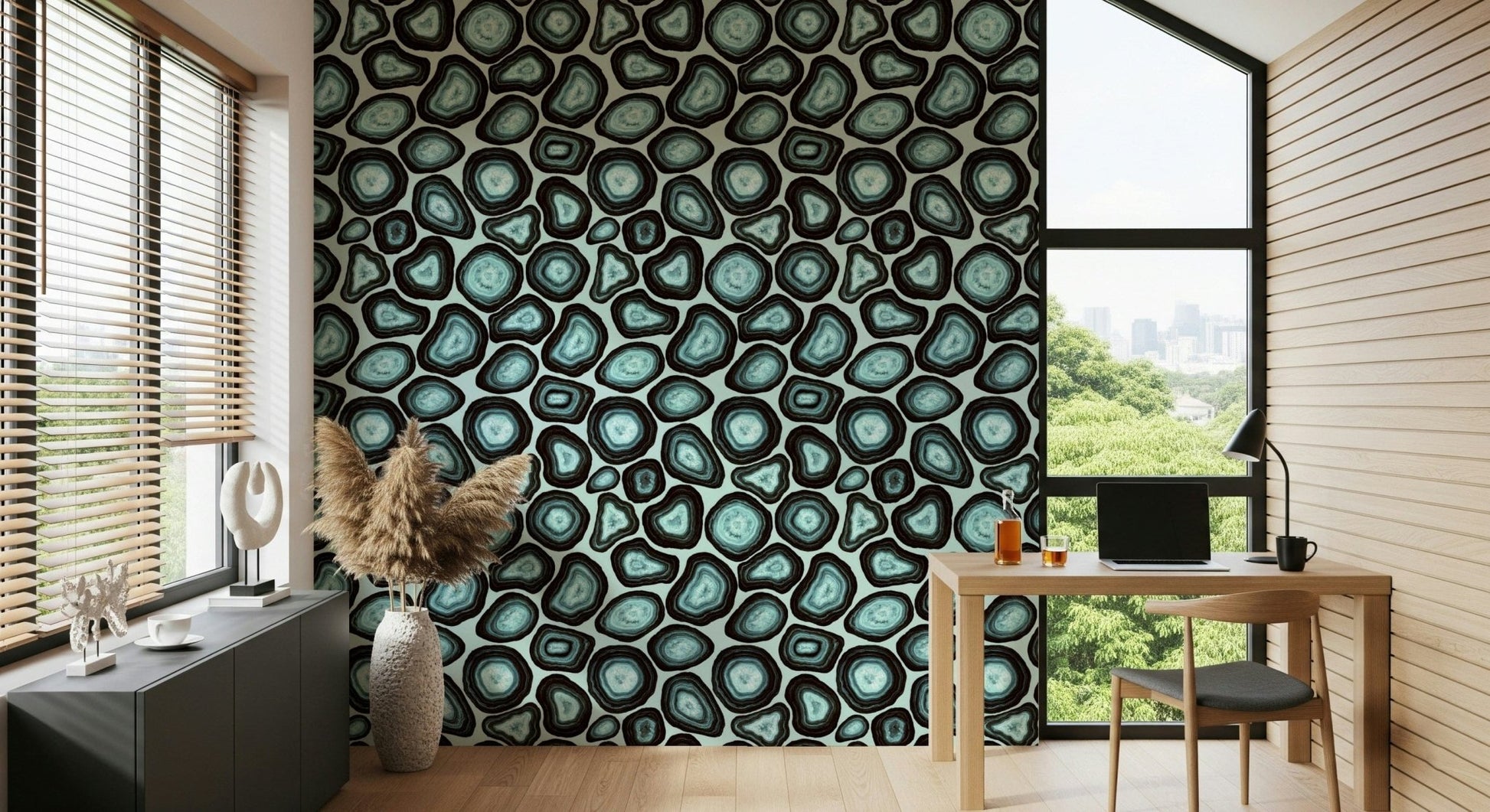 Organic agate shapes in swirling turquoise tones forming a bold gemstone-inspired wallpaper.