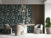 Bold turquoise agate formations with dark edges creating a striking mineral wallpaper.