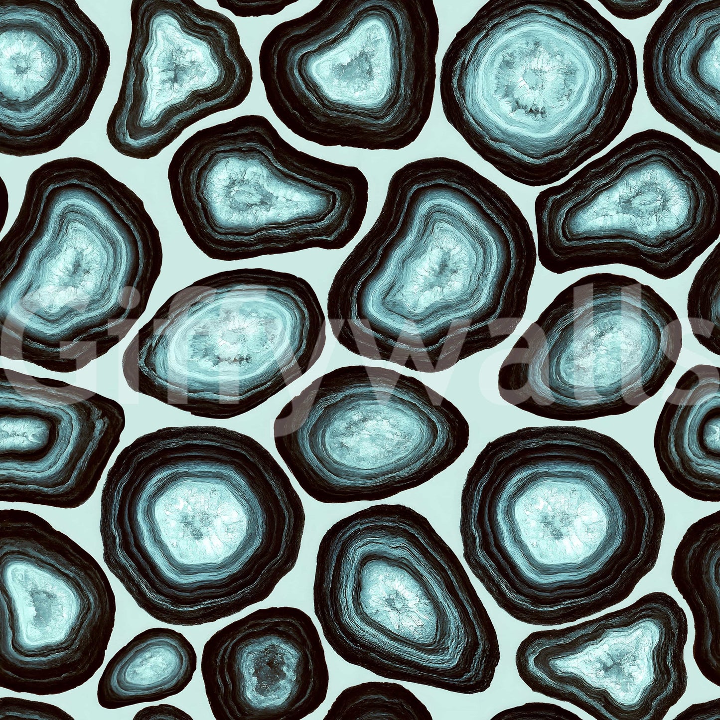 A bold mineral wallpaper with repeating turquoise geode clusters outlined in dark rings.