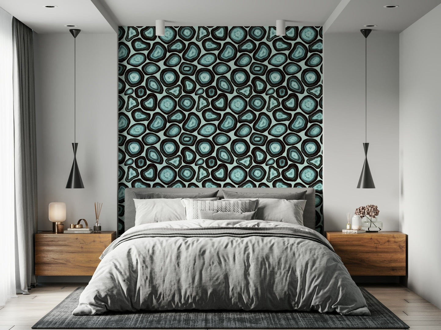 Repeating turquoise agate stone patterns giving the wallpaper a rich organic flow.