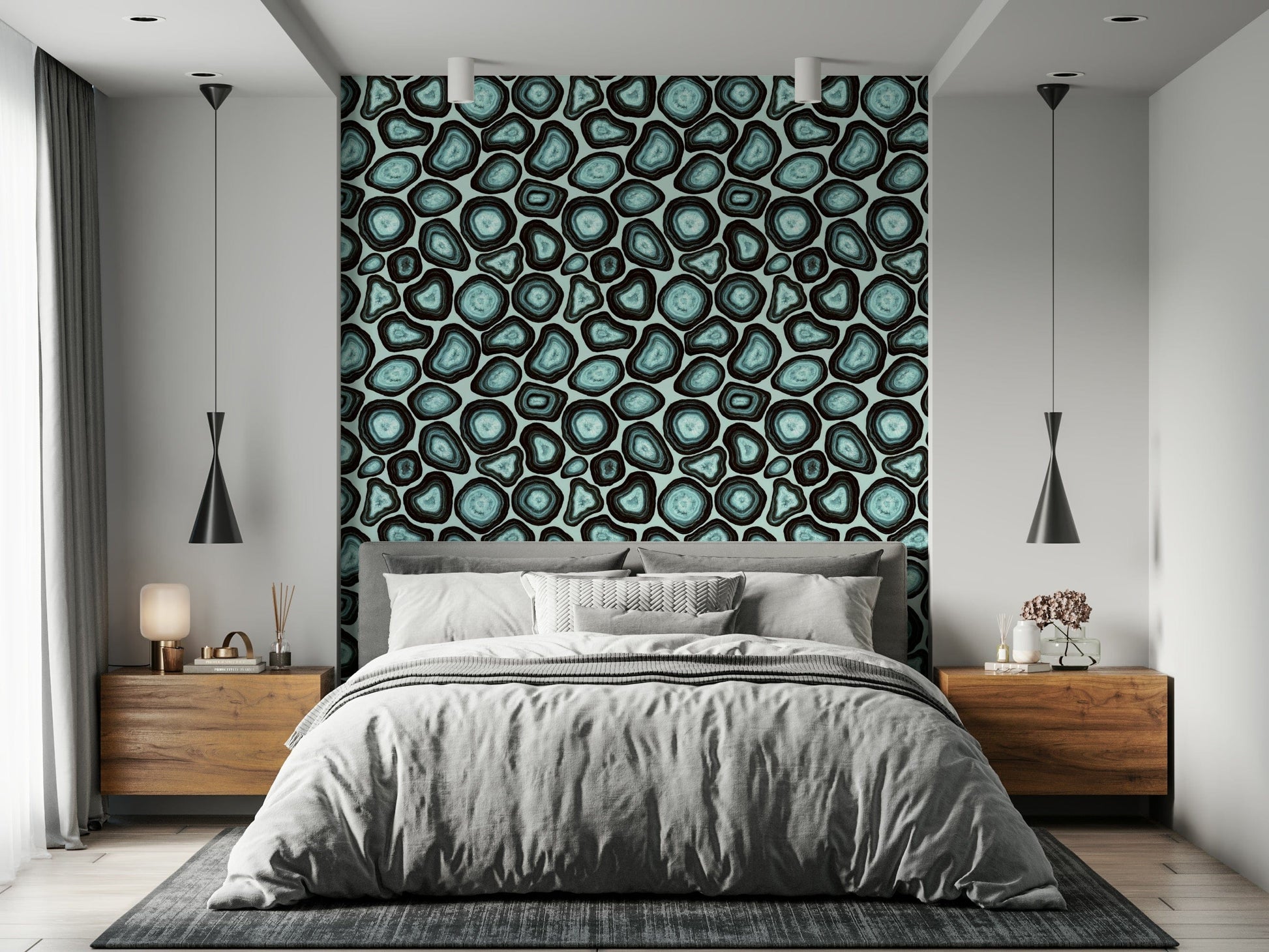 Repeating turquoise agate stone patterns giving the wallpaper a rich organic flow.
