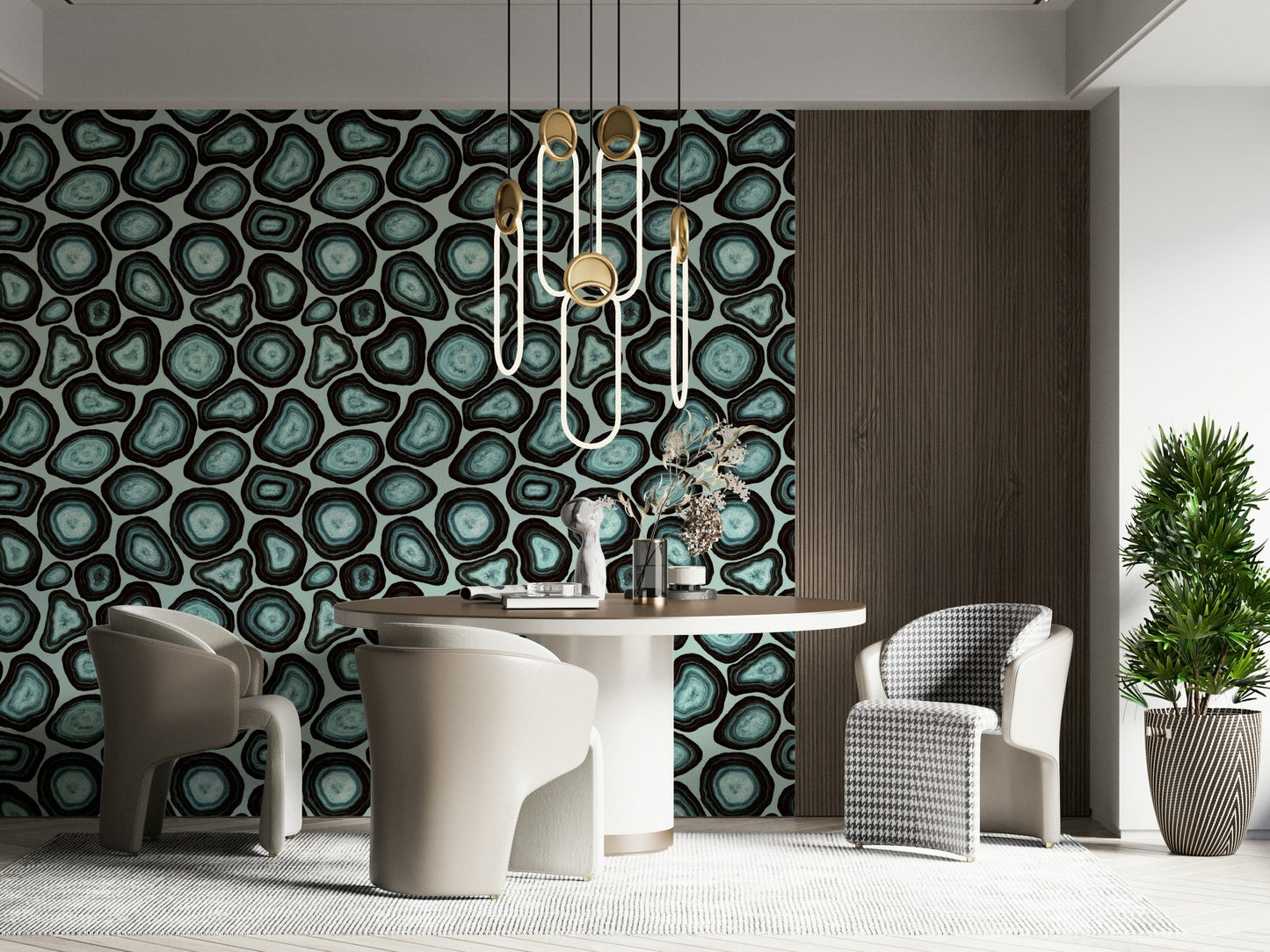 Bold turquoise agate formations with dark edges creating a striking mineral wallpaper.