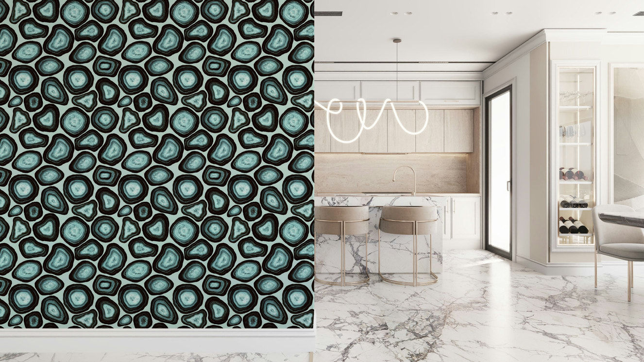A turquoise agate wallpaper featuring repeating stone-like patterns with layered mineral textures.