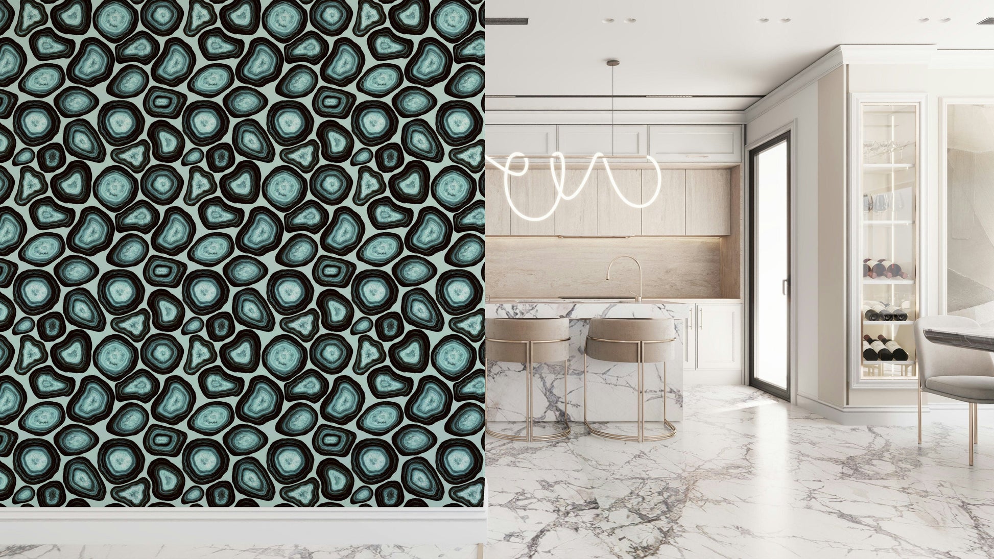 A turquoise agate wallpaper featuring repeating stone-like patterns with layered mineral textures.