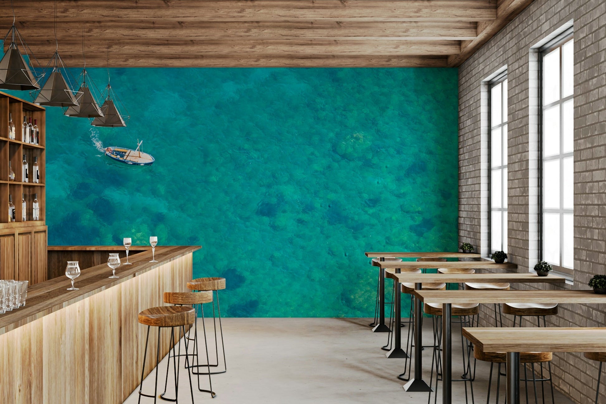 Tropical beach mural with vibrant turquoise hues

