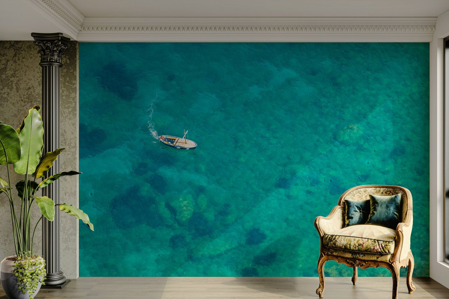 Tranquil ocean beach mural in turquoise blue


