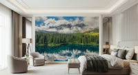 Evergreen forest wallpaper for walls, crystal lake, high Dolomites, Dreamscape.
