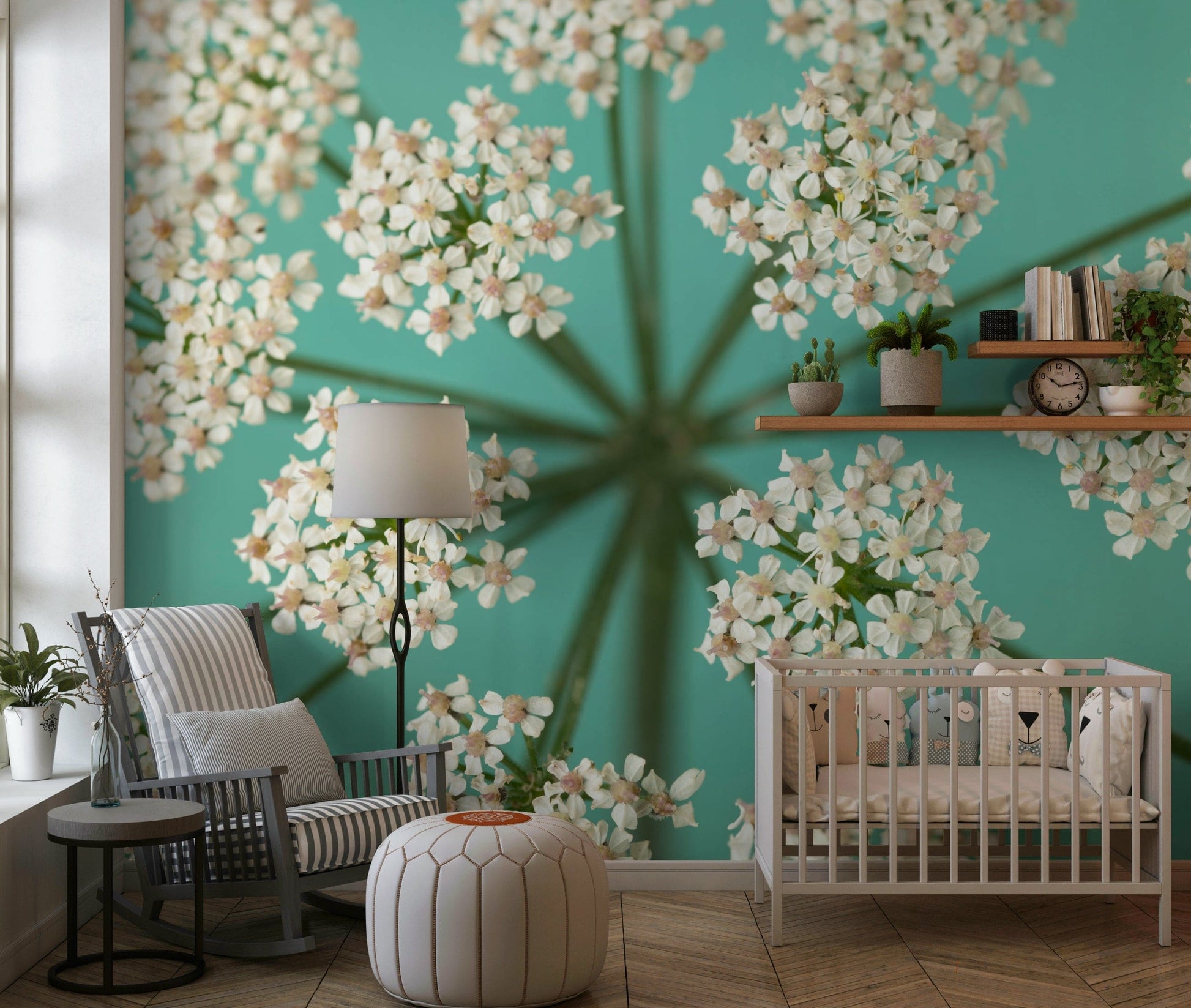 Soft focus Delicate Blooms wall decor; botanical close-up, central stem focus.
