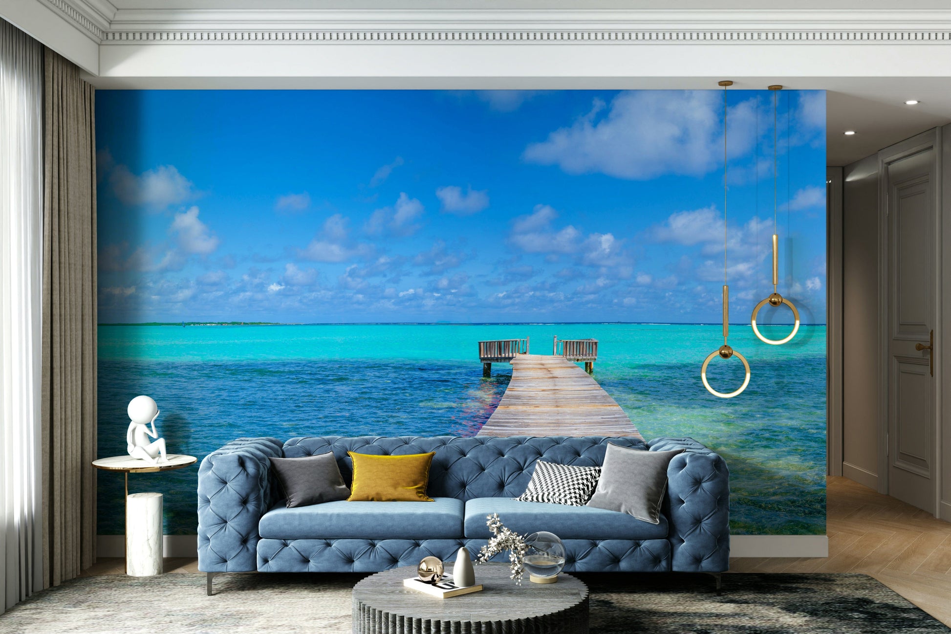 The wall art combines a beach theme with a clear sky.

