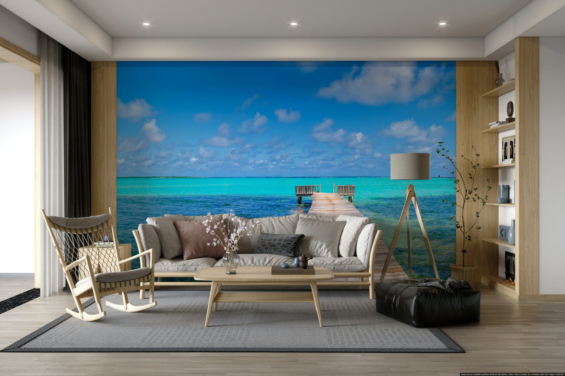 The mural shows a peaceful ocean scene.

