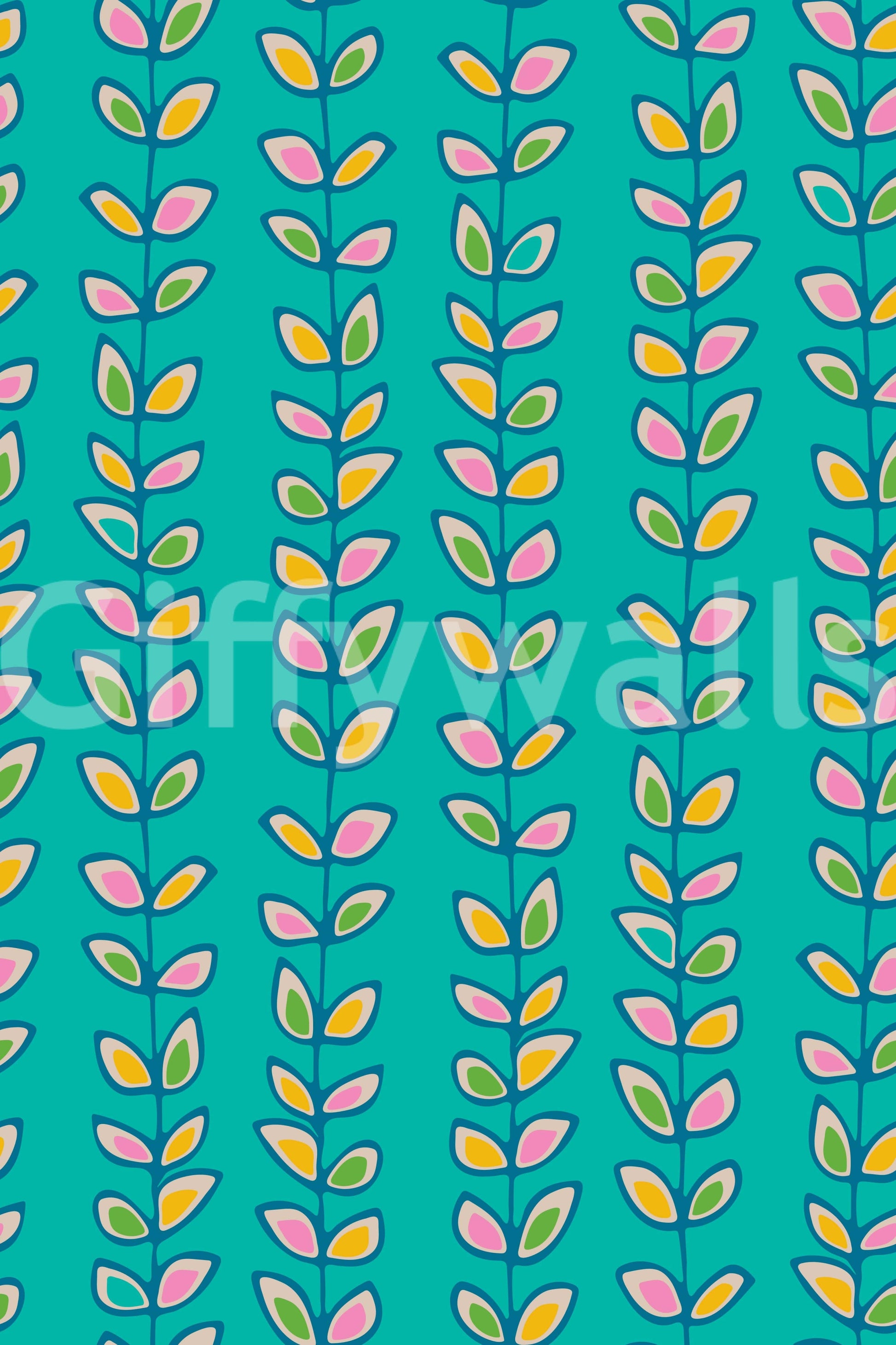 A lively retro leaves wallpaper with upward-growing vines standing out against a bold turquoise base.