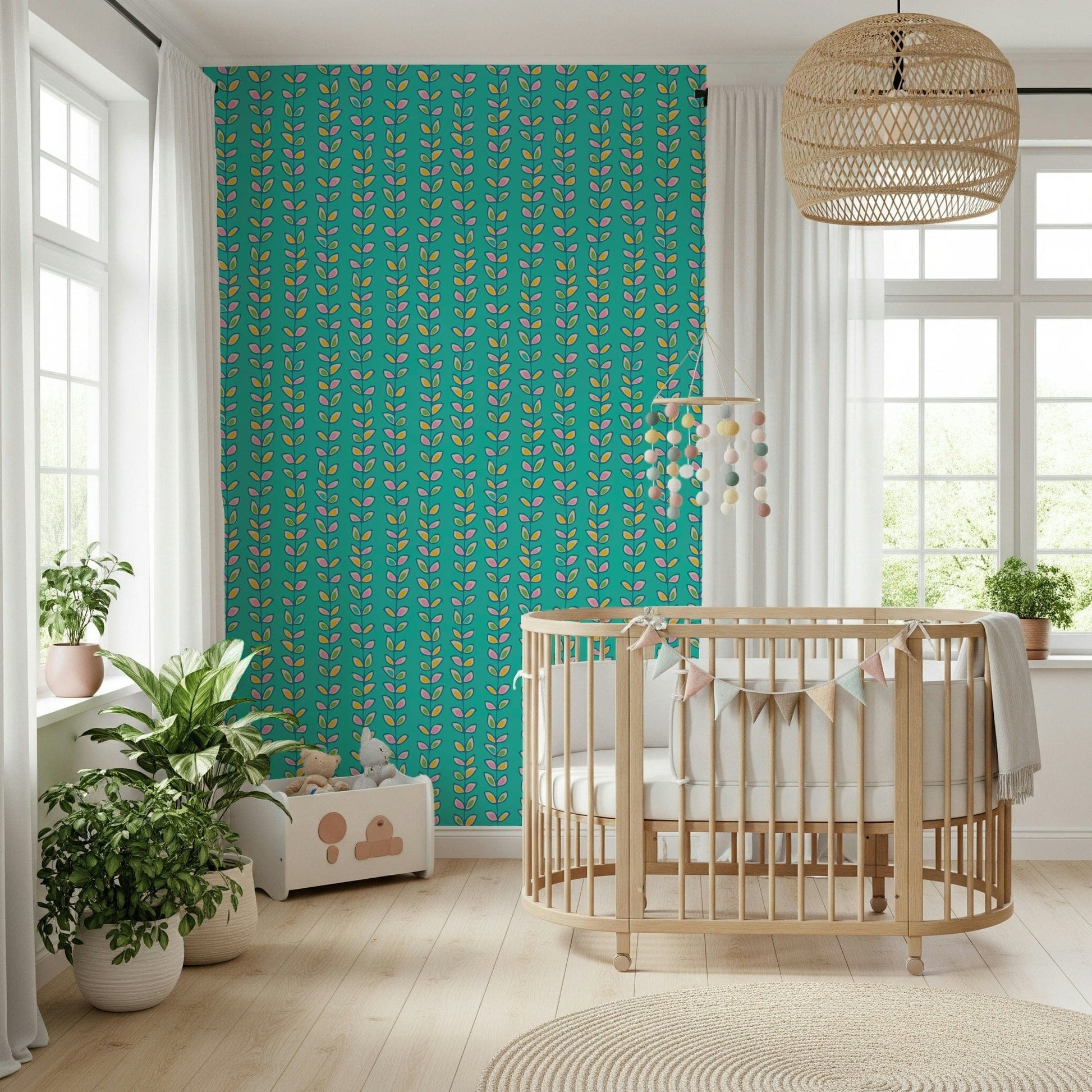 A nostalgic retro wallpaper showing colorful leaf clusters aligned along tidy turquoise vine patterns.