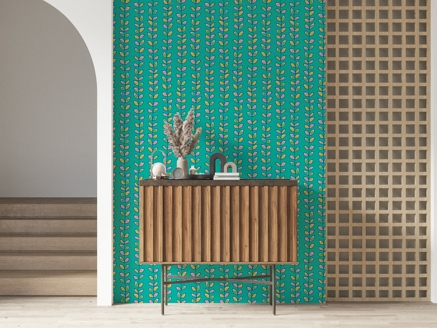 A turquoise background wallpaper featuring multicolored retro leaves rising along slender vine lines.