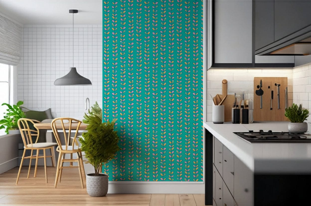 Retro-inspired vines with colorful leaves forming a bold, lively wallpaper on a turquoise backdrop.