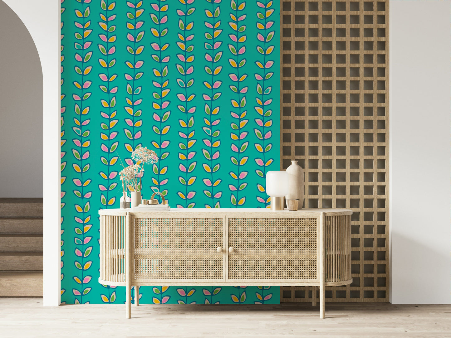 A vibrant turquoise wallpaper featuring vertical climbing vines with colorful retro leaf patterns.