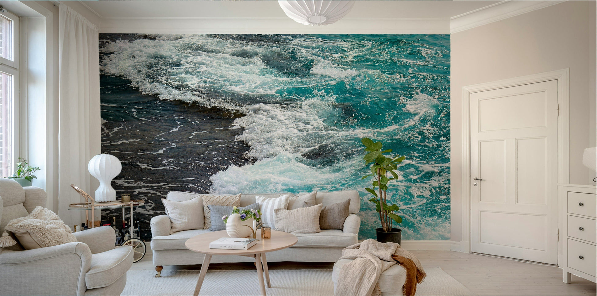 A calming ocean view wallpaper mural that defines a space.

