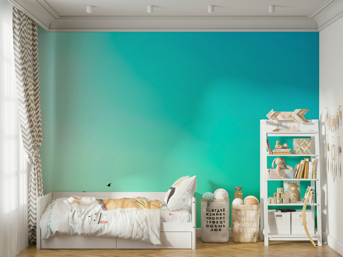 A peaceful flowing design mural on decorative wallpaper.

