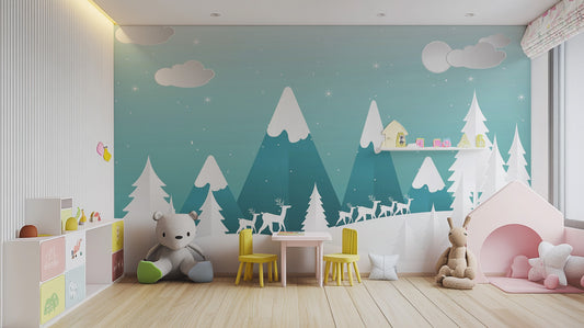 Turquoise Color Snowpeaks wallpaper mural shown as a full feature wall that highlights the design