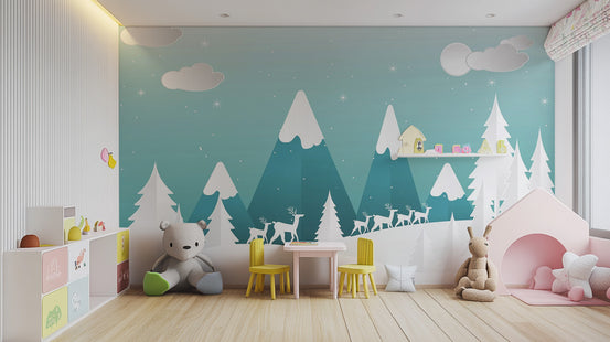 Turquoise Color Snowpeaks wallpaper mural shown as a full feature wall that highlights the design