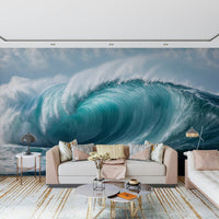 Turquoise Surge wallpaper mural of a curling ocean wave behind a cream sofa with pink cushions in a living room