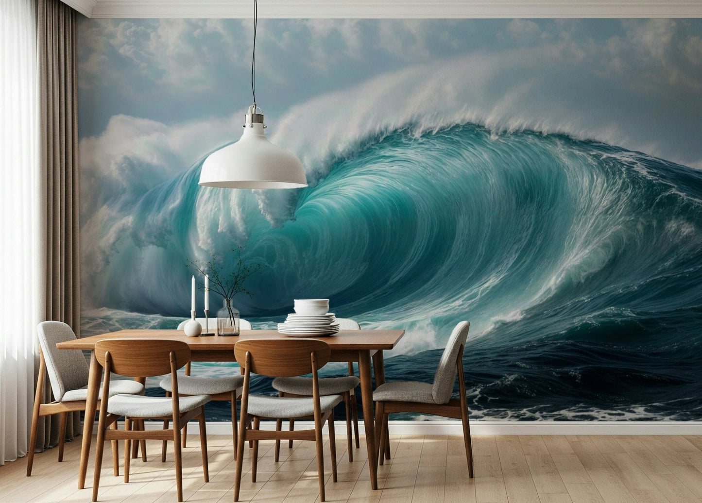Turquoise Surge wallpaper mural of a curling ocean wave behind a wood dining table with grey chairs