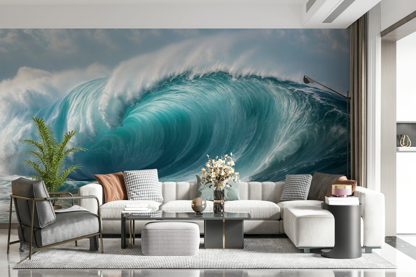 Turquoise Surge wallpaper mural of a curling ocean wave behind a white sectional and grey chair in a living room