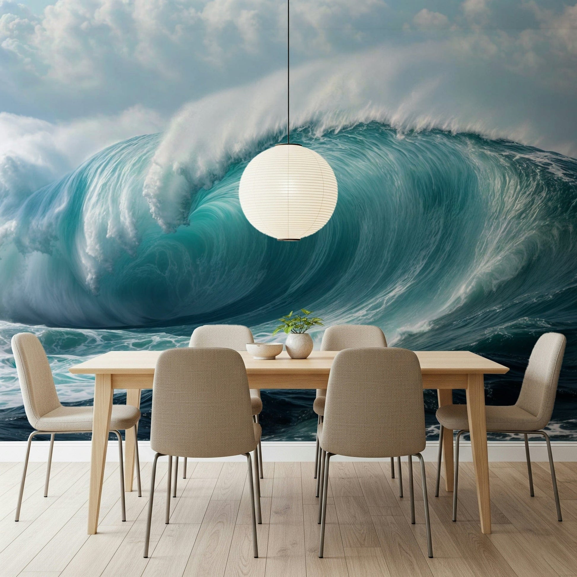 Turquoise Surge wallpaper mural of a curling ocean wave behind a wood dining table with a paper lantern