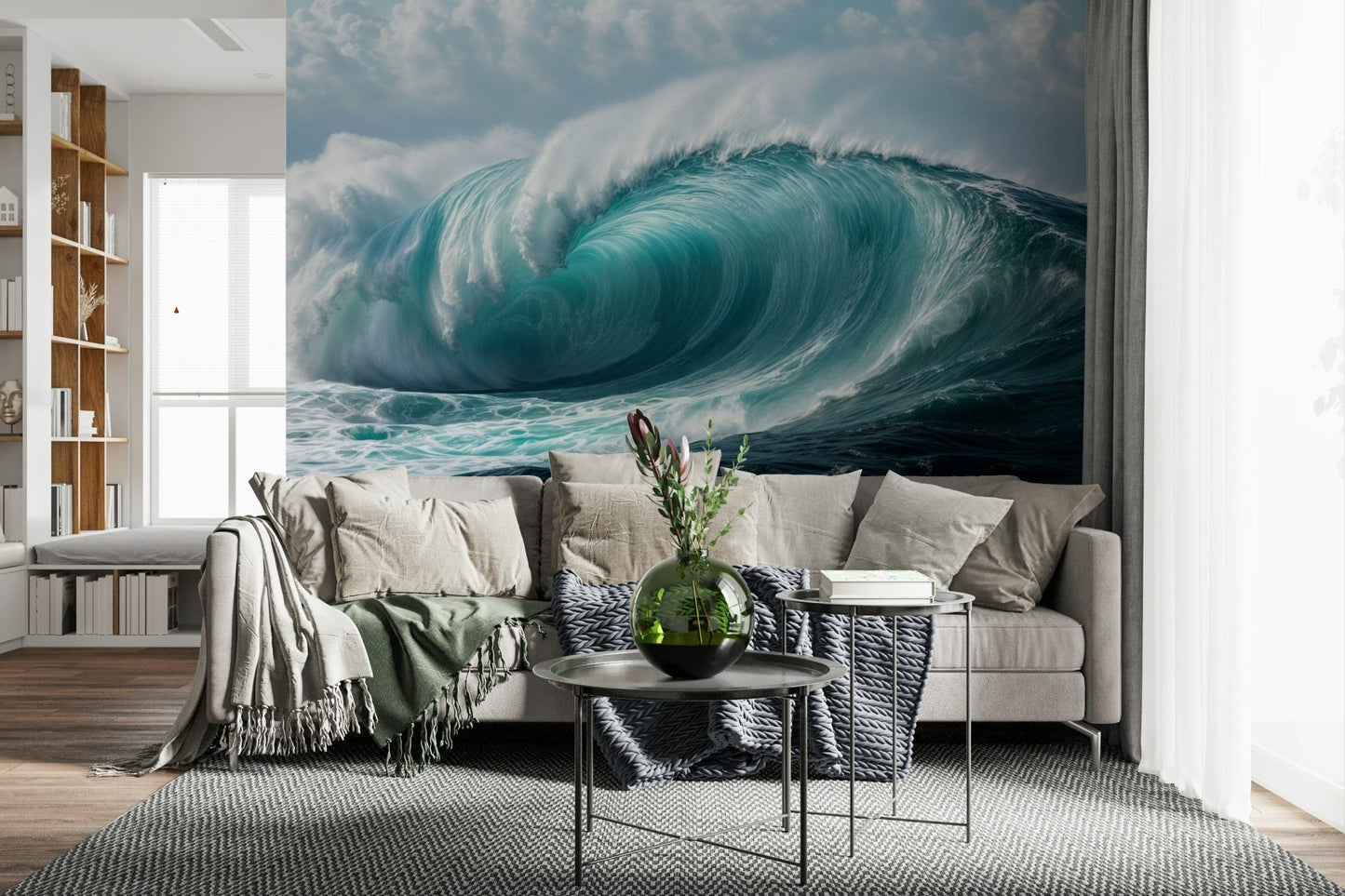 Turquoise Surge wallpaper mural of a curling ocean wave behind a beige sectional sofa in a living room