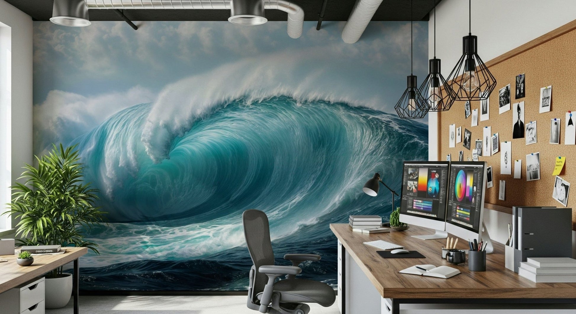 Turquoise Surge wallpaper mural of a curling ocean wave behind a desk with dual monitors in a home office