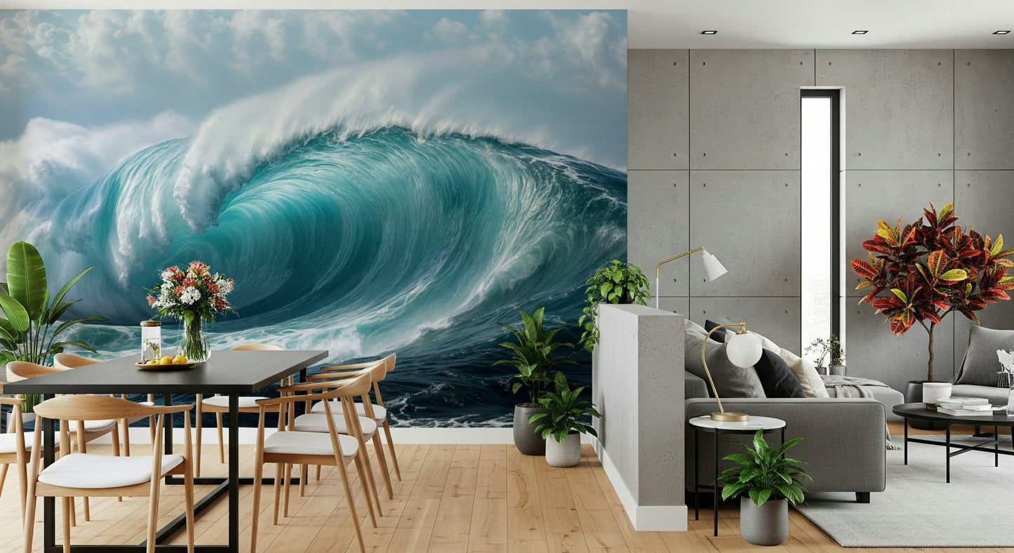 Turquoise Surge wallpaper mural of a curling ocean wave behind a black dining table and grey sofa