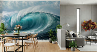 Turquoise Surge wallpaper mural of a curling ocean wave behind a black dining table and grey sofa