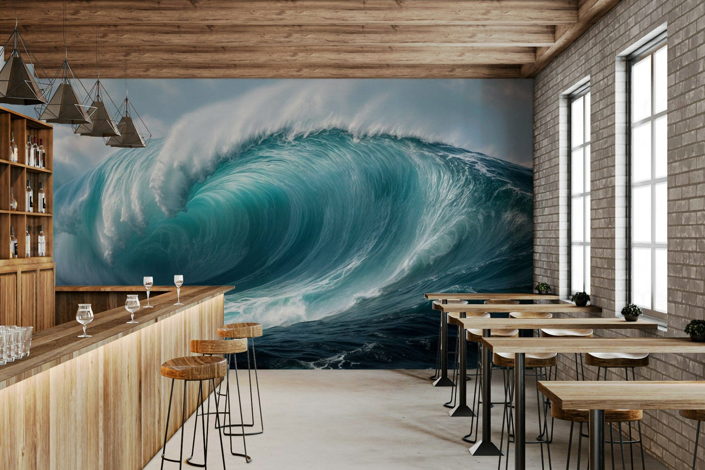 Turquoise Surge wallpaper mural of a curling ocean wave behind a wood bar counter and stools in a cafe