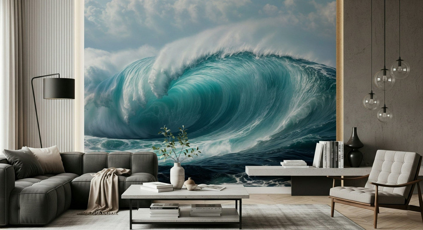 Turquoise Surge wallpaper mural of a curling ocean wave behind a grey sofa and cream chair in a living room