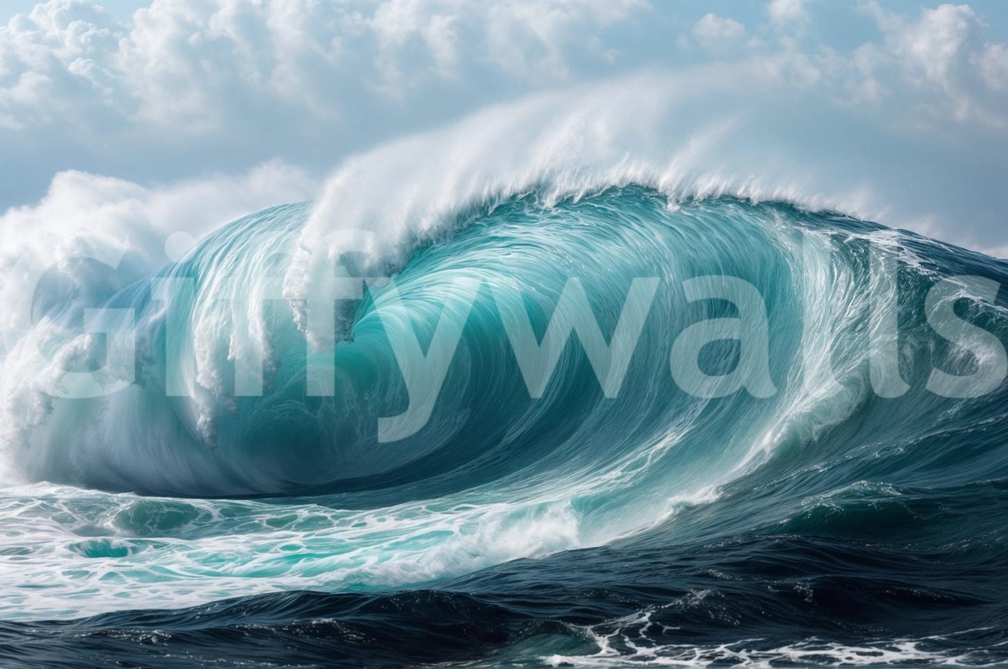 Turquoise Surge shown as a full-wall mural, a massive turquoise ocean wave breaking with white foam
