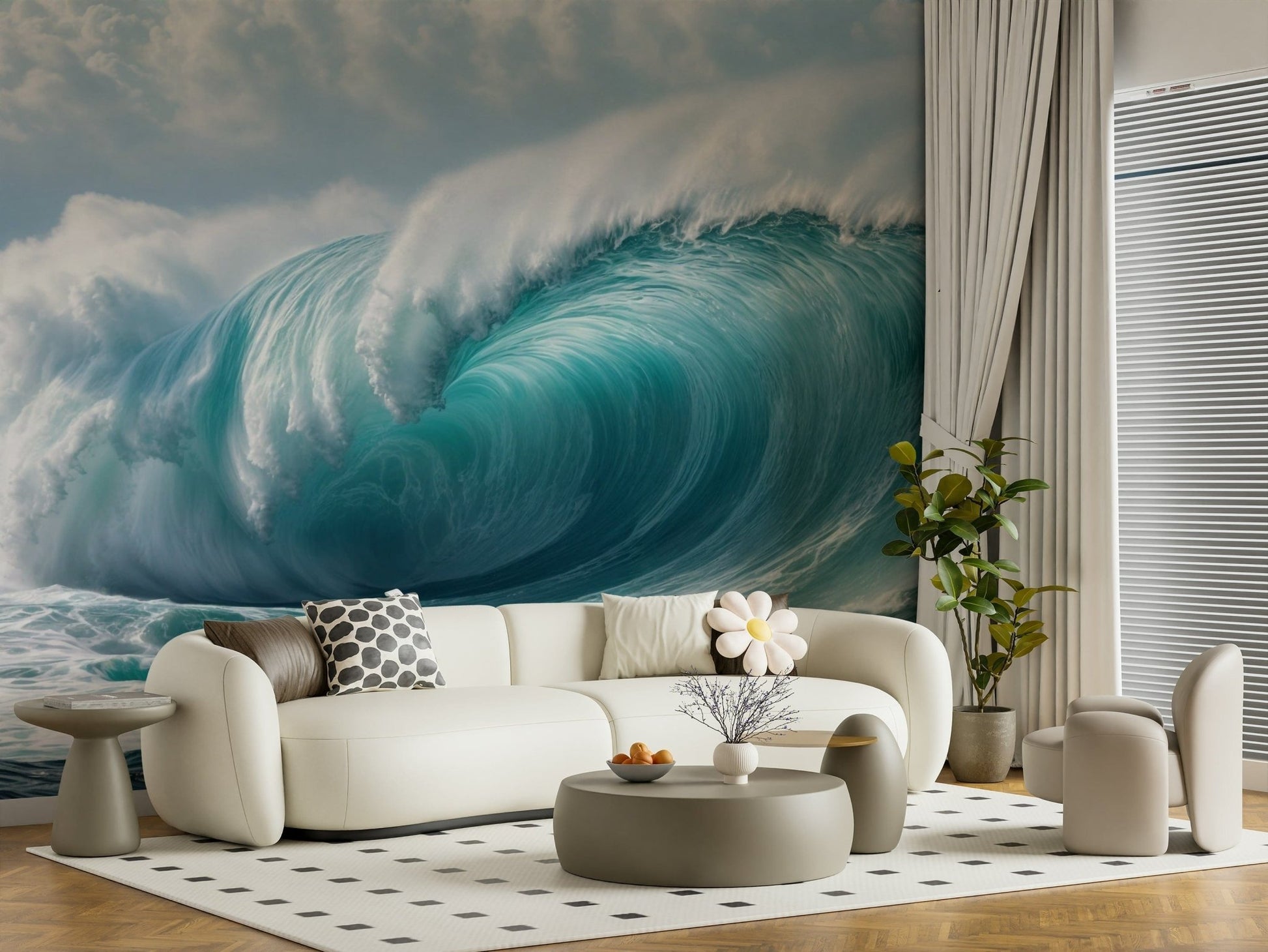 Turquoise Surge wallpaper mural of a curling ocean wave behind a cream curved sofa in a living room