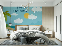 Kids bedroom wall mural with tiny turtle island and blue sky background
