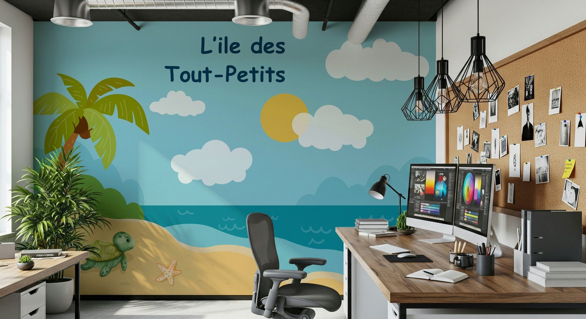 Cute turtle island wallpaper used on bedroom accent wall with light colour furniture