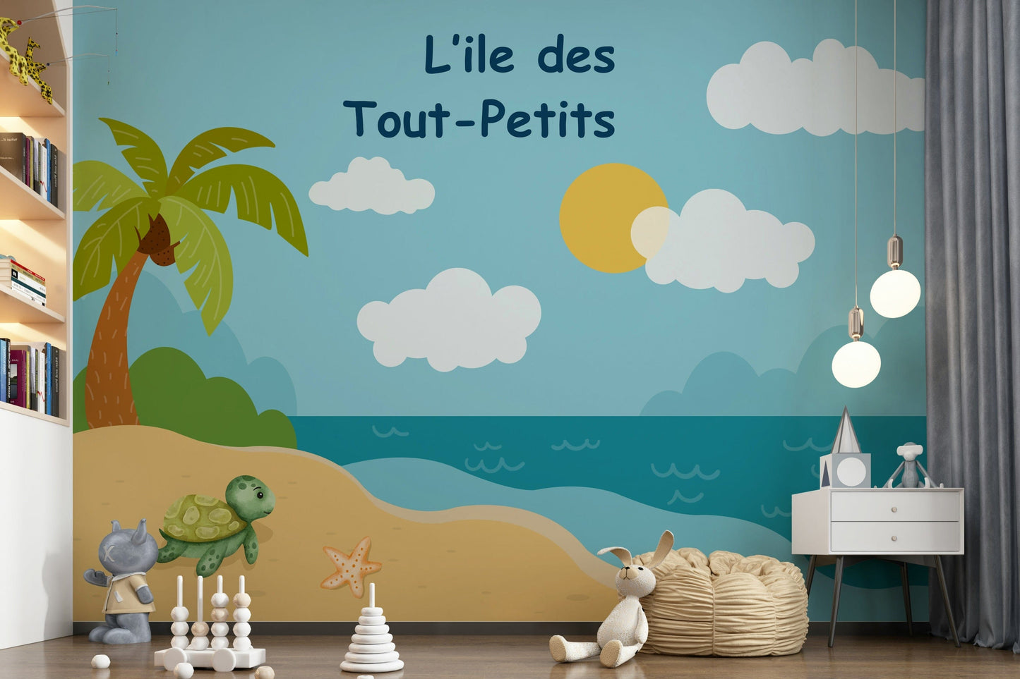 Island turtle wall mural in pastel colours for children’s playroom wall