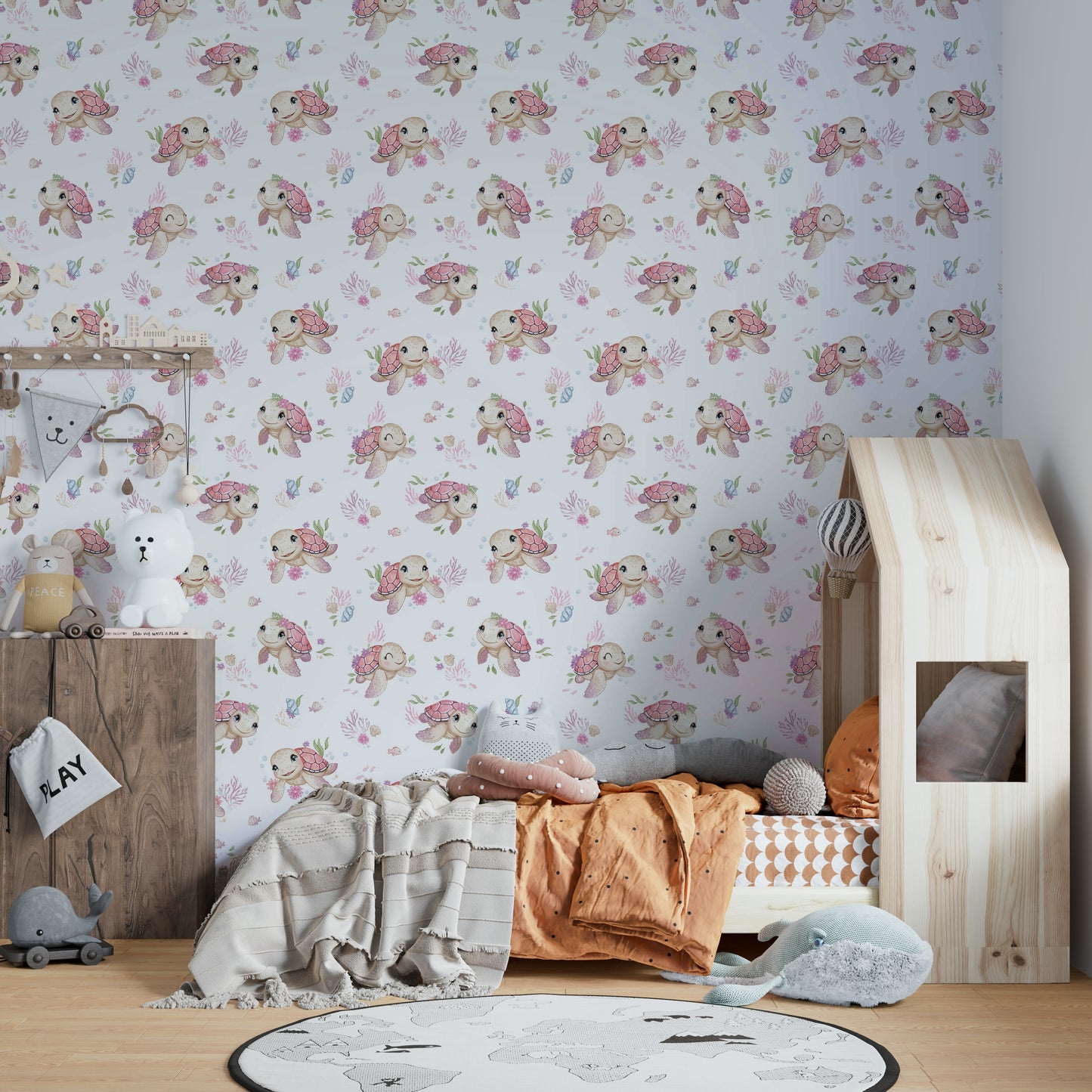 Ocean-inspired wallpaper with playful turtle illustrations

