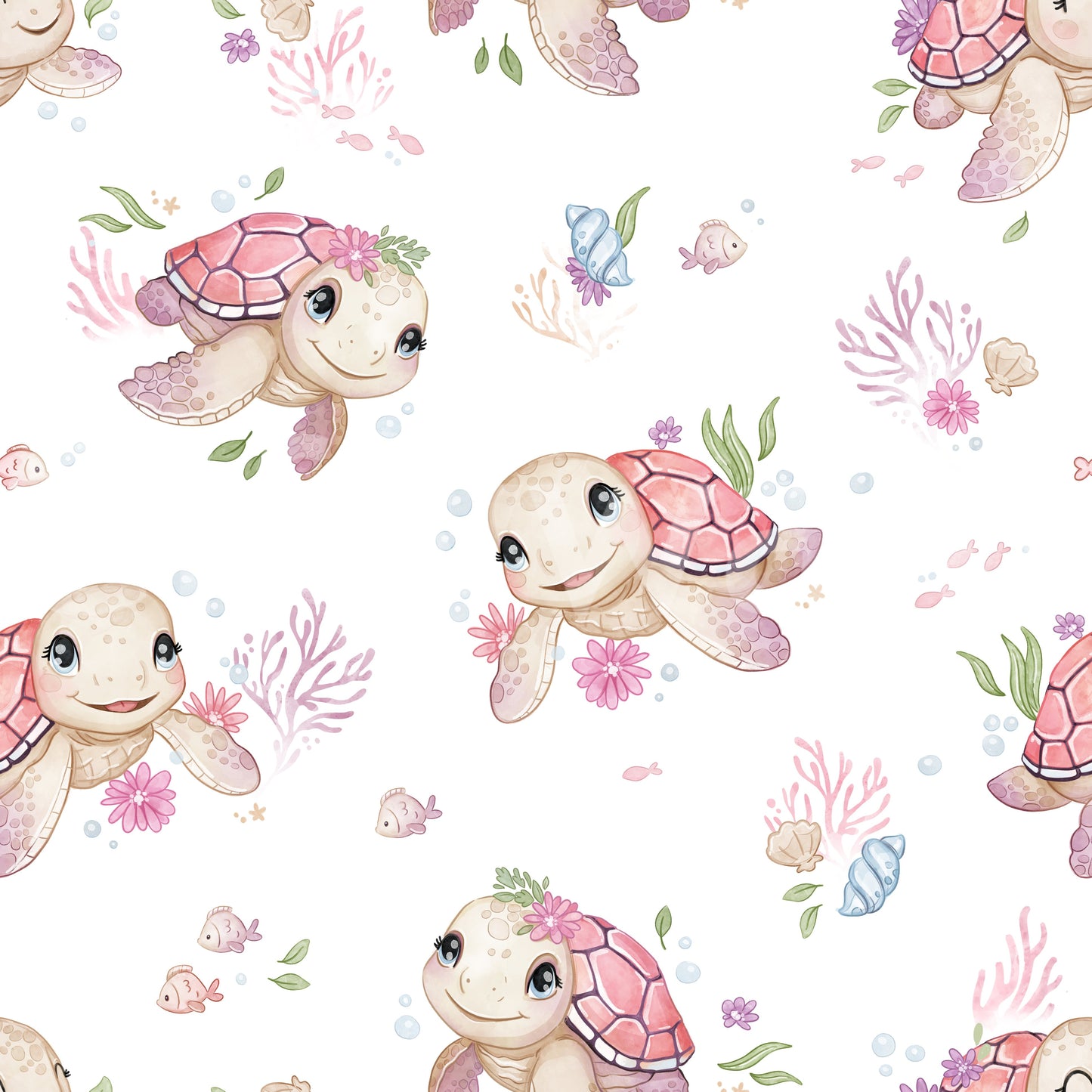 Turtle Tots wallpaper close-up showing cute pink-shelled baby sea turtles with coral and little fish on white