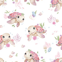 Turtle Tots wallpaper close-up showing cute pink-shelled baby sea turtles with coral and little fish on white